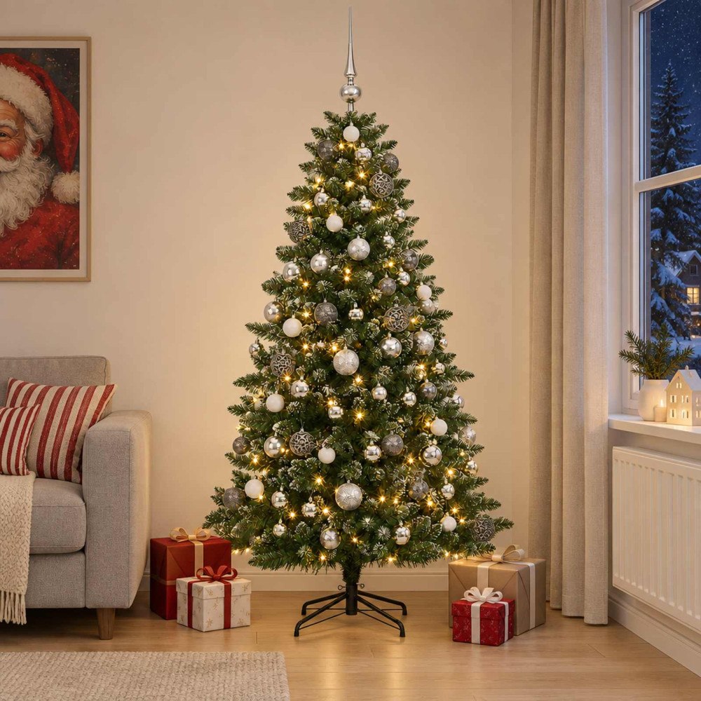 vidaXL Konstgjord julgran med kulor 210 cm 300 LED-lampor Varmvit