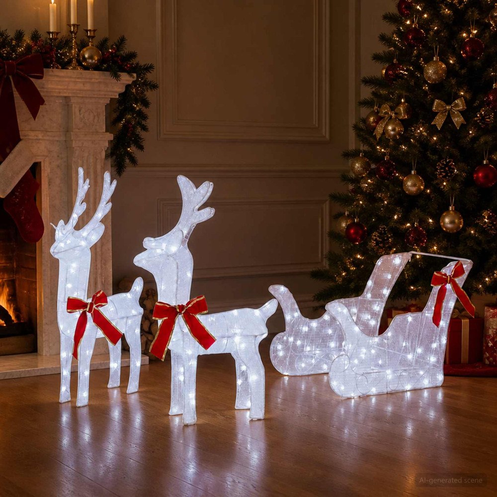 vidaXL 3D-julren med släde LOVIISA 3 st 160 LED-lampor Kallvit