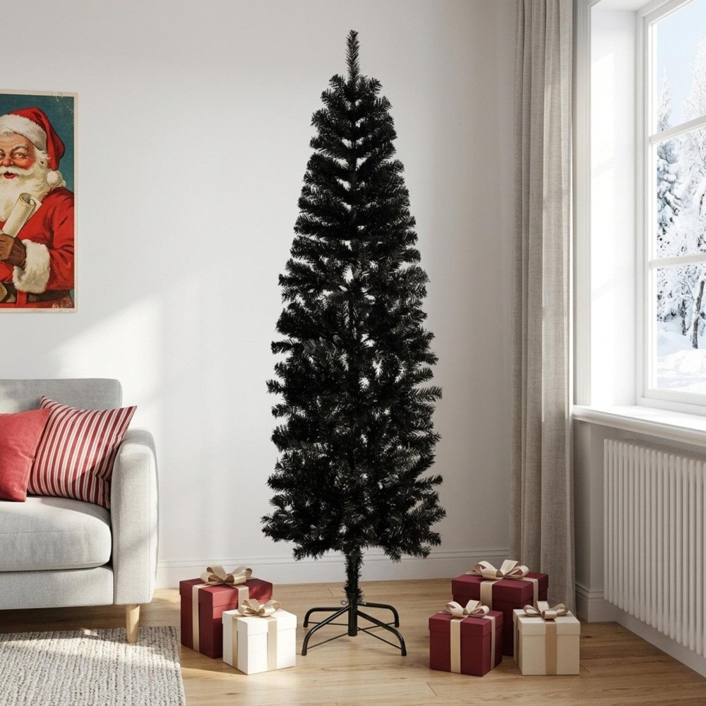 vidaXL Konstgjort smalt julträd 210 cm PVC och stål Svart