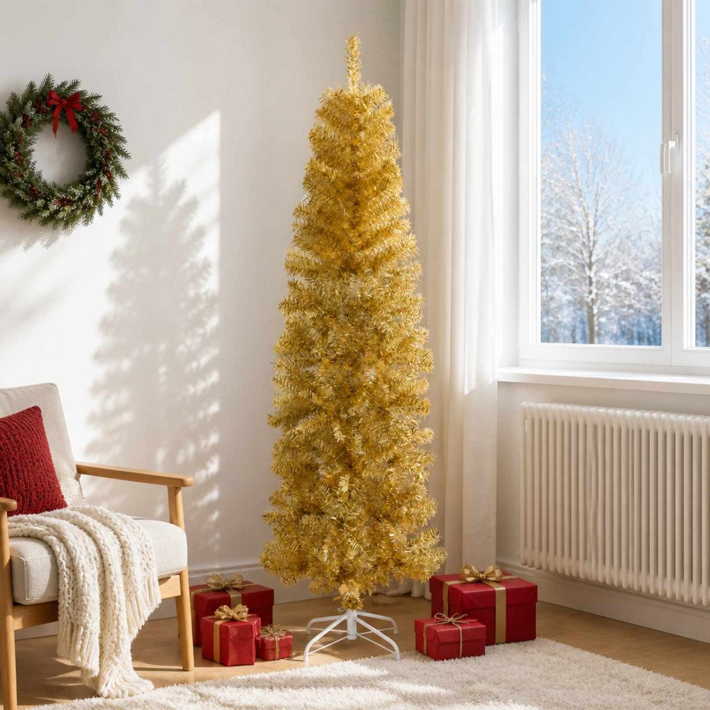 vidaXL Konstgjort smalt julträd 180 cm PVC och stål Guld