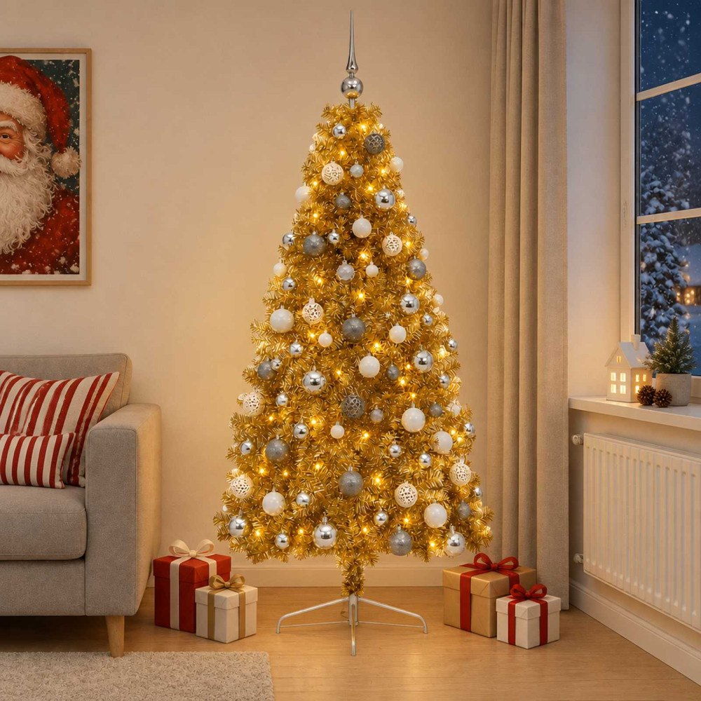 vidaXL Konstgjord julgran med julkulor 210 cm 300 LED-lampor Varmvit