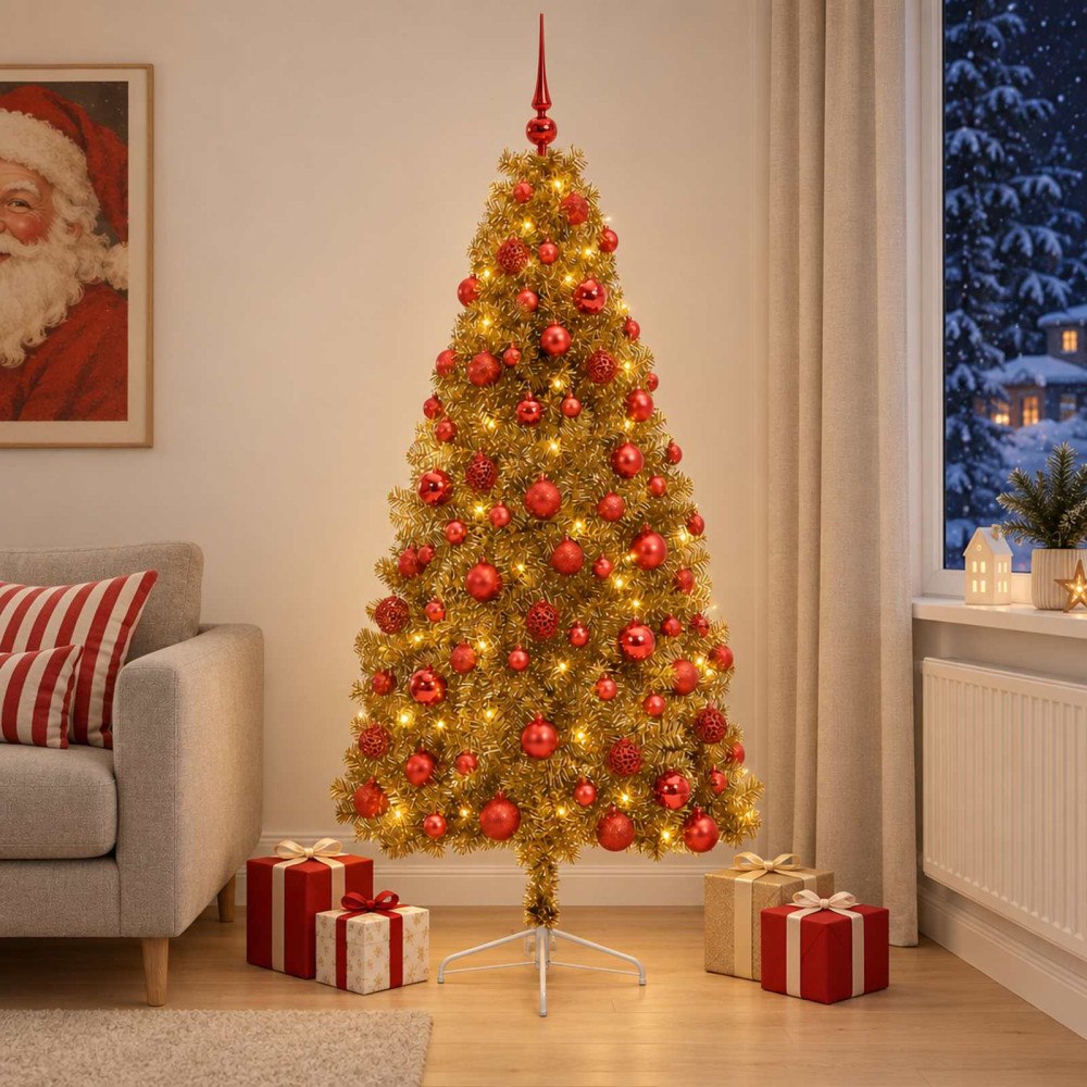 vidaXL Konstgjord julgran med julkulor 210 cm 300 LED-lampor Varmvit