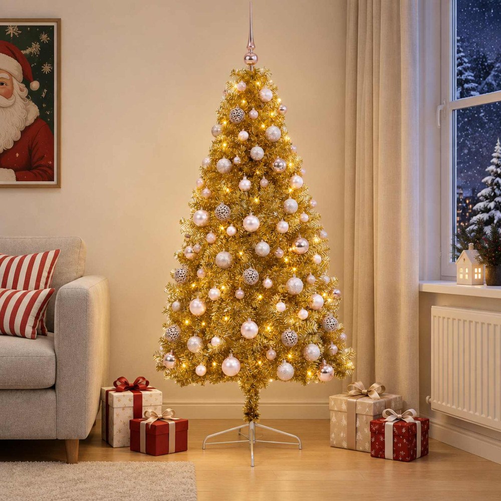 vidaXL Konstgjord julgran med julkulor 210 cm 300 LED-lampor Varmvit