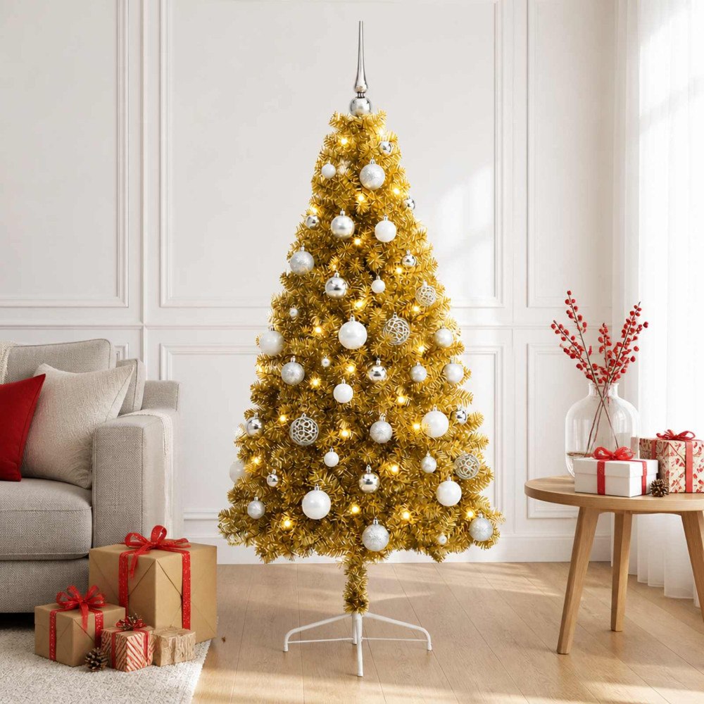 vidaXL Konstgjord julgran med julkulor 150 cm 150 LED-lampor Varmvit