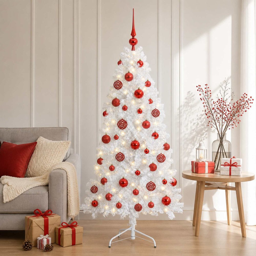 vidaXL Konstgjord julgran med julkulor 150 cm 150 LED-lampor Varmvit