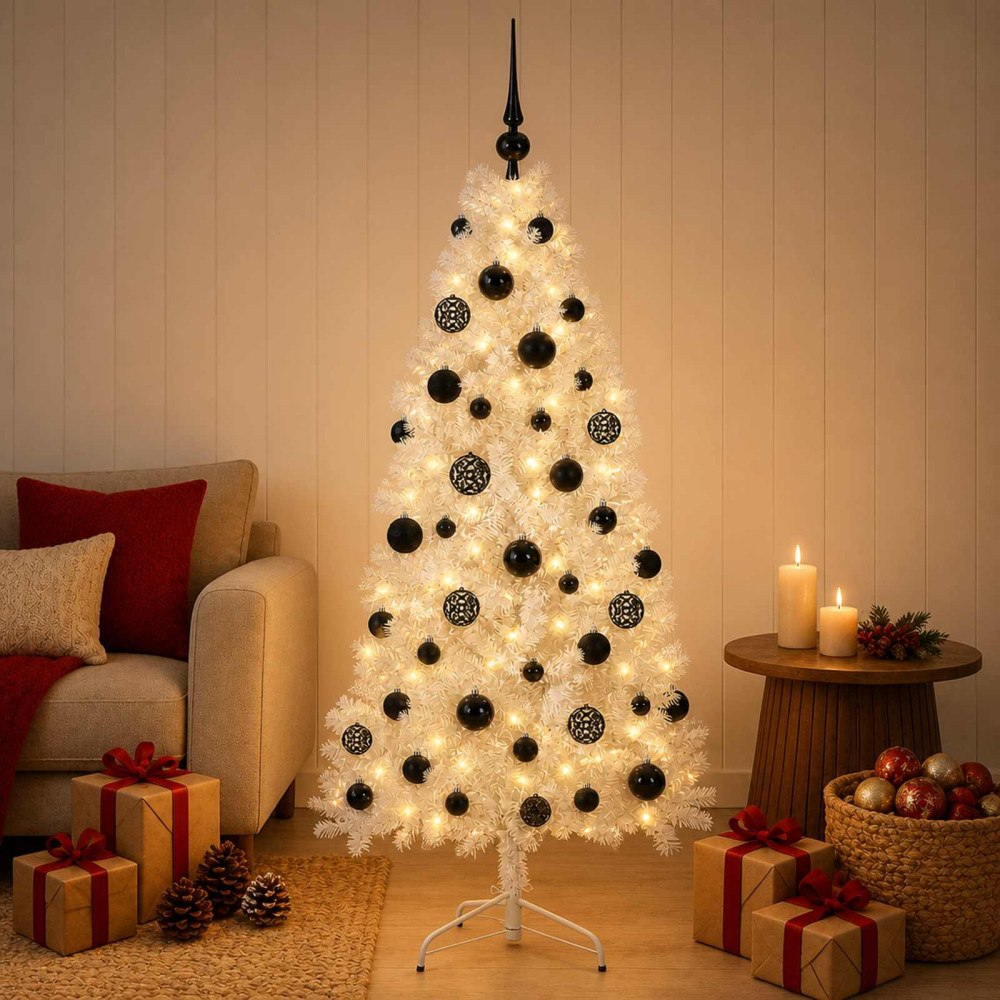 vidaXL Konstgjord julgran med julkulor 150 cm 150 LED-lampor Varmvit