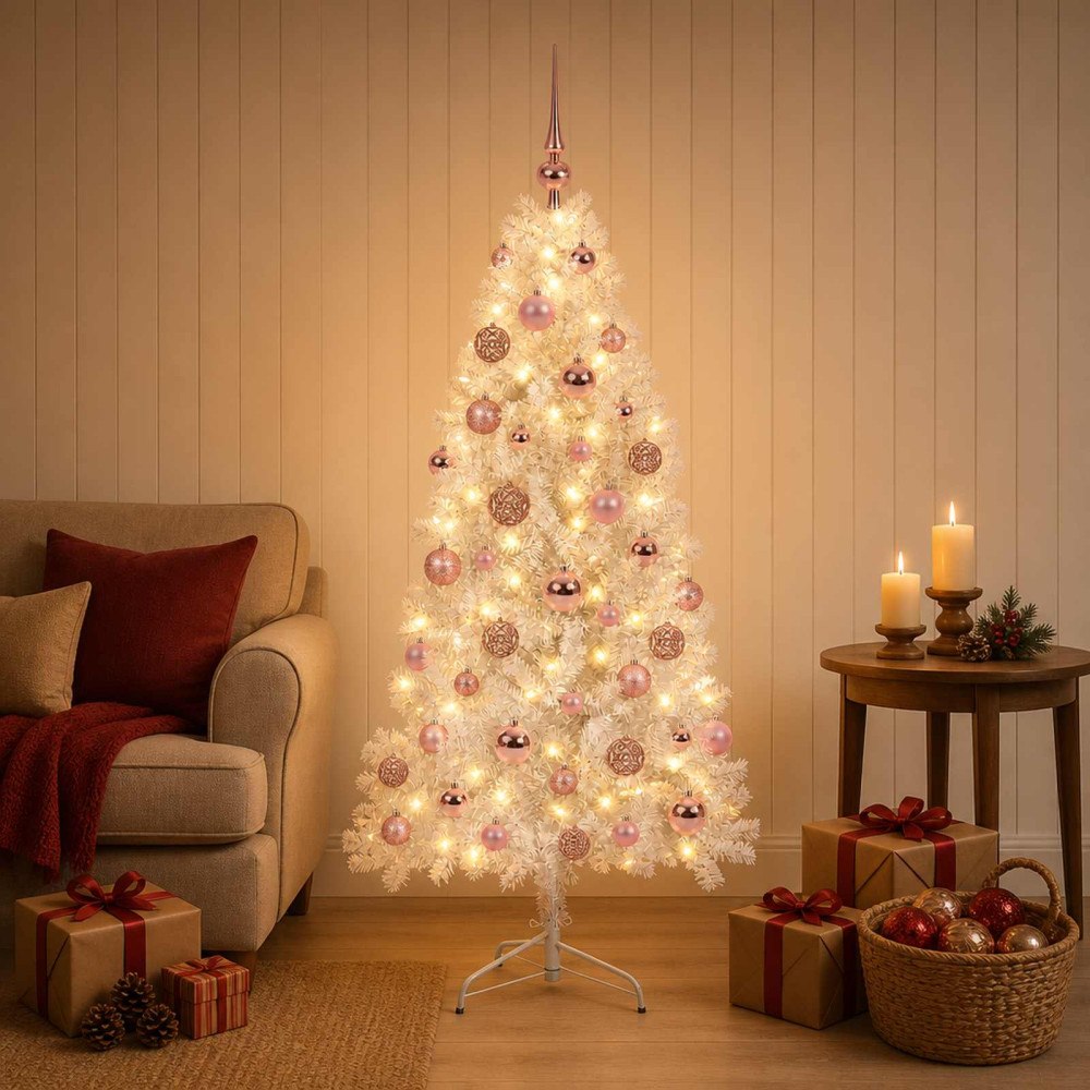 vidaXL Konstgjord julgran med julkulor 150 cm 150 LED-lampor Varmvit