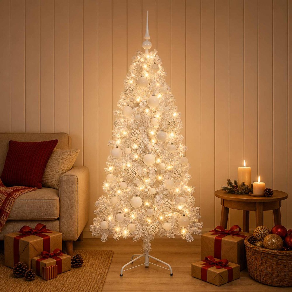 vidaXL Konstgjord julgran med julkulor 150 cm 150 LED-lampor Varmvit