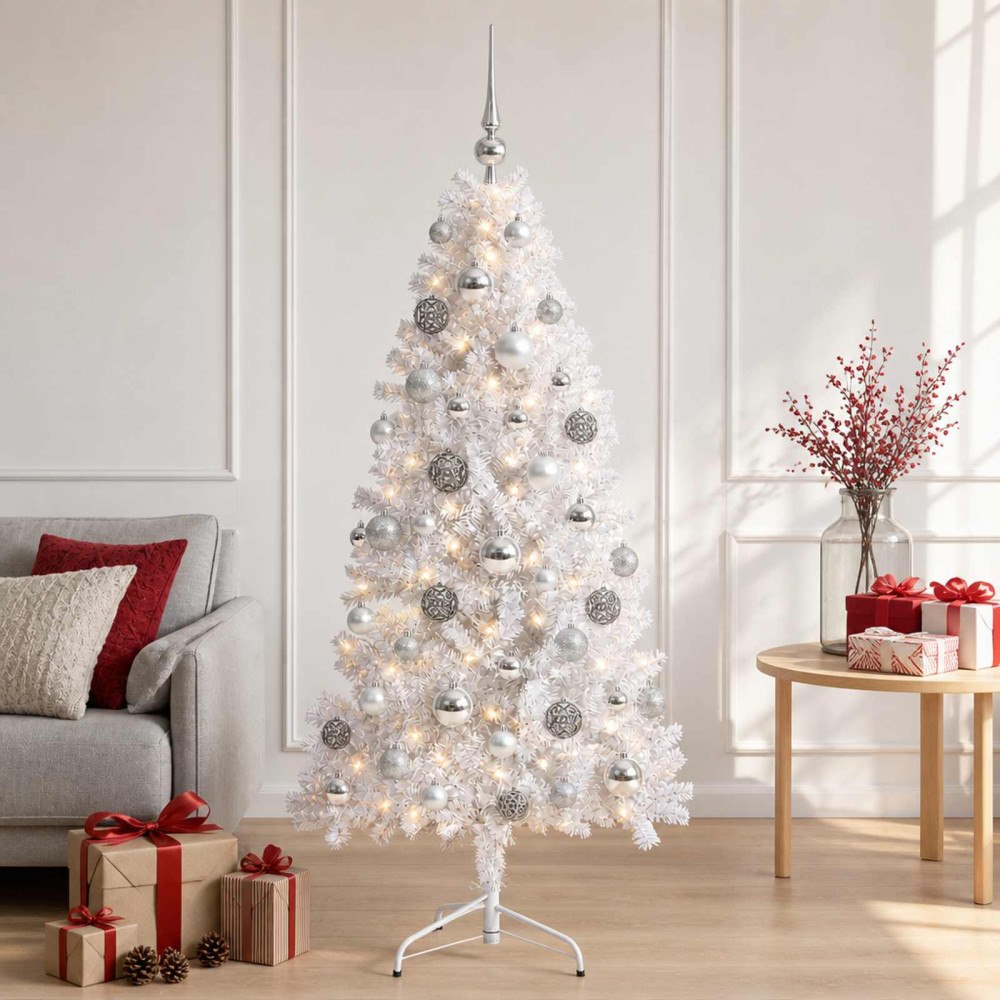 vidaXL Konstgjord julgran med julkulor 150 cm 150 LED-lampor Varmvit