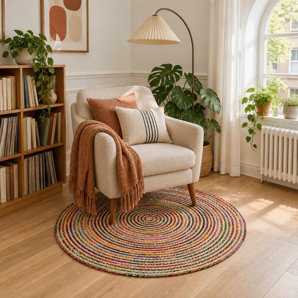 vidaXL Områdesmatta Flerfärgsdesign Ø 90 cm Jute