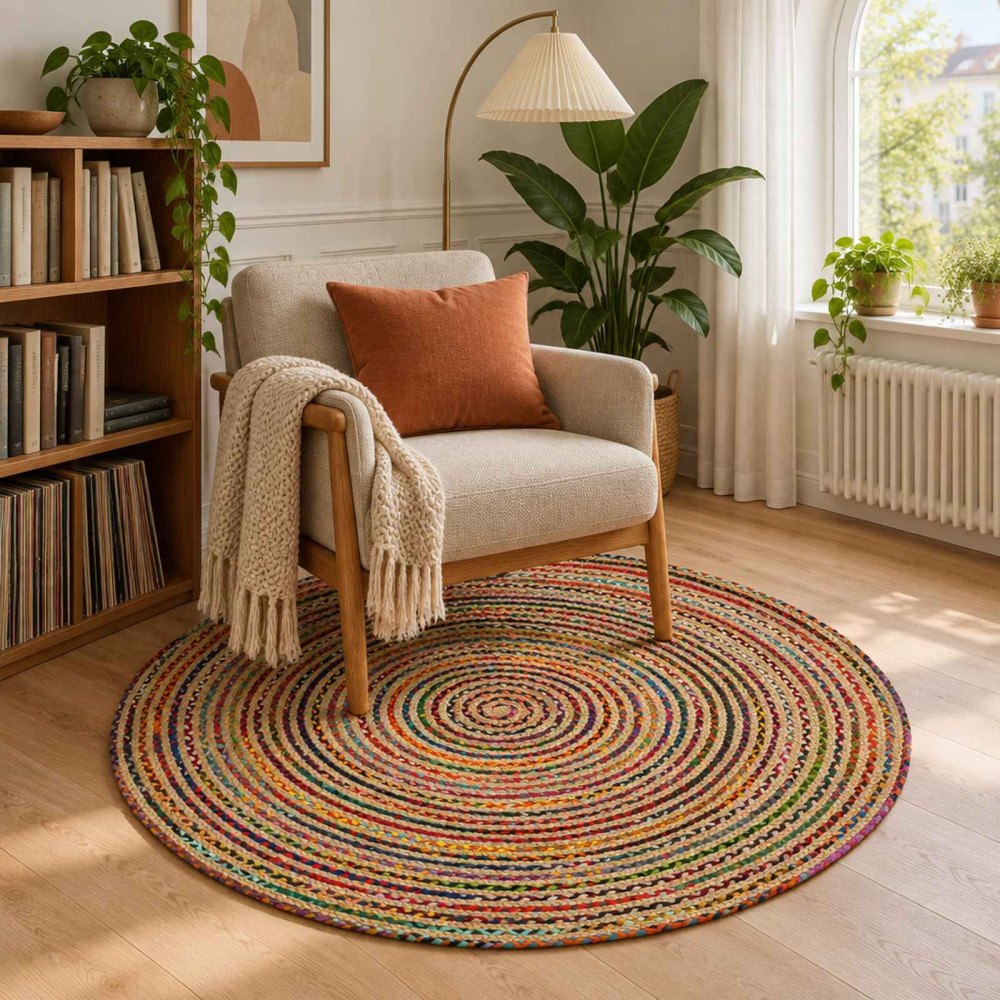vidaXL Områdesmatta Flerfärgsdesign Ø 120 cm Jute