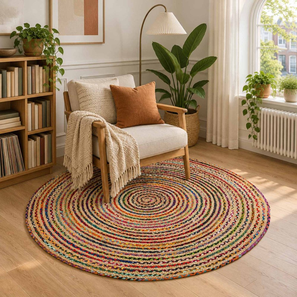 vidaXL Områdesmatta Flerfärgsdesign Ø 150 cm Jute