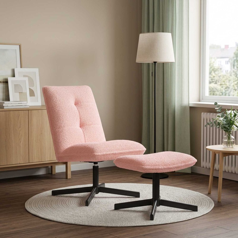vidaXL Snurrfåtölj med fotpall Rosa Bouclé