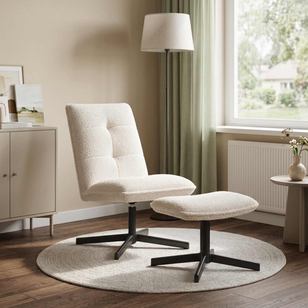 vidaXL Snurrstol med fotpall Gräddvit Bouclé