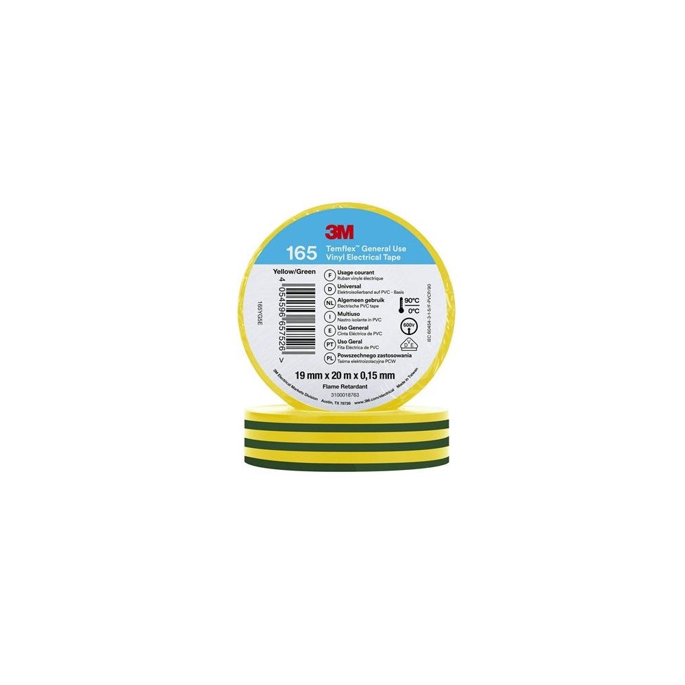 3M 3M Temflex elektrisk vinyltejp 165, grön/gul, 19 mm x 20, 1...