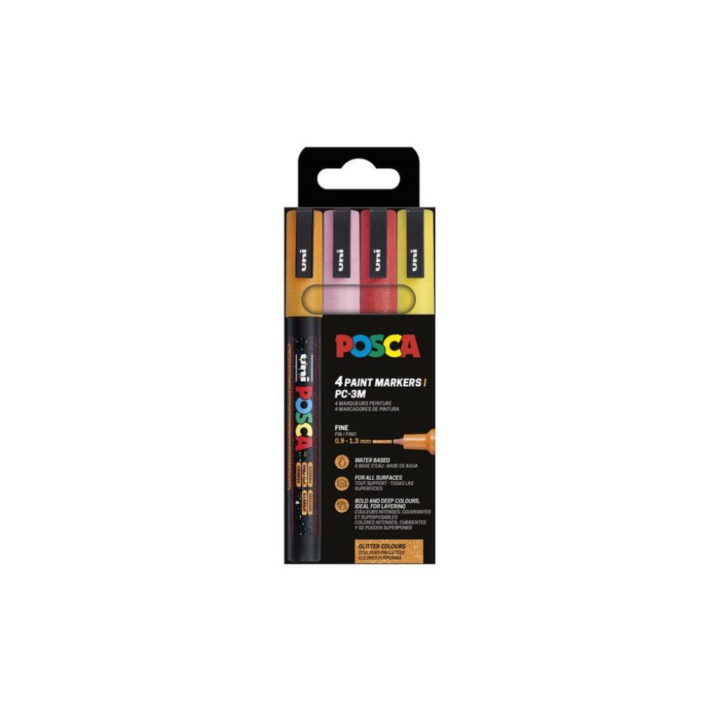 POSCA POSCA PC-3M glittermarkerpennor, 4-pack, orange/rosa/röd/gul