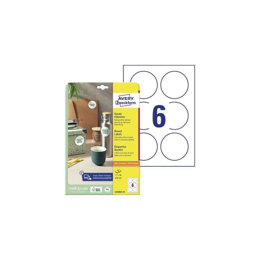 AVERY Avery Zweckform 6229REV-10 runda etiketter Ø 80 mm, 10 ark x...
