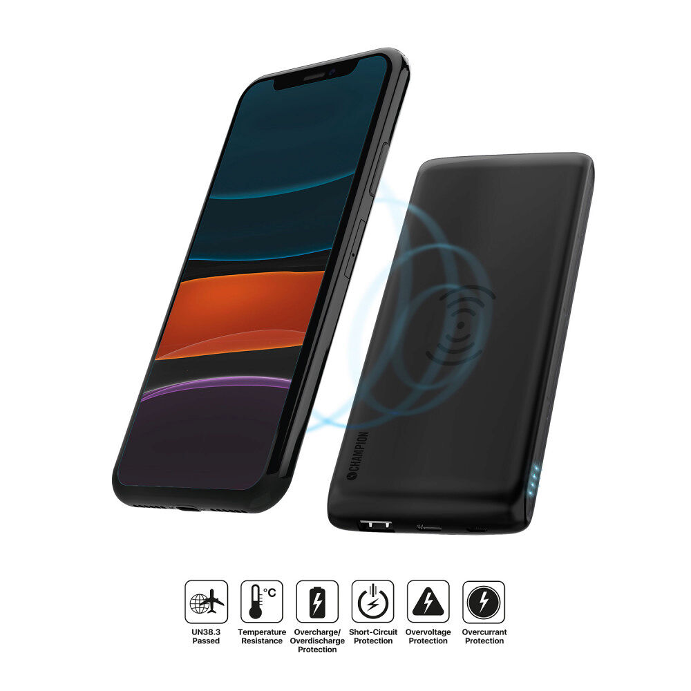 Champion PowerBank 10.000 mAh 12W + Wireless Charging Svart