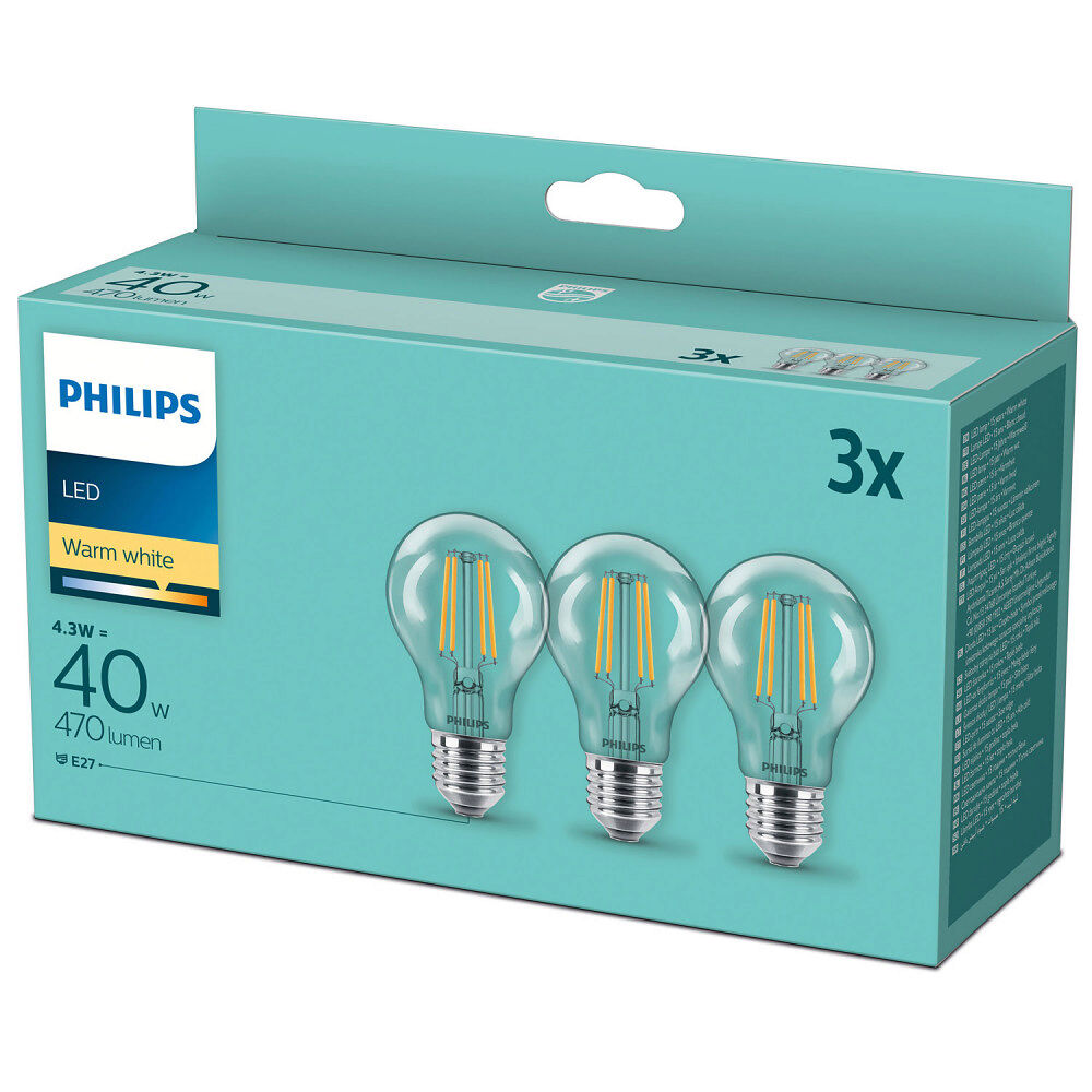 Philips 3-pack LED E27 Normal Klar 40W 470lm