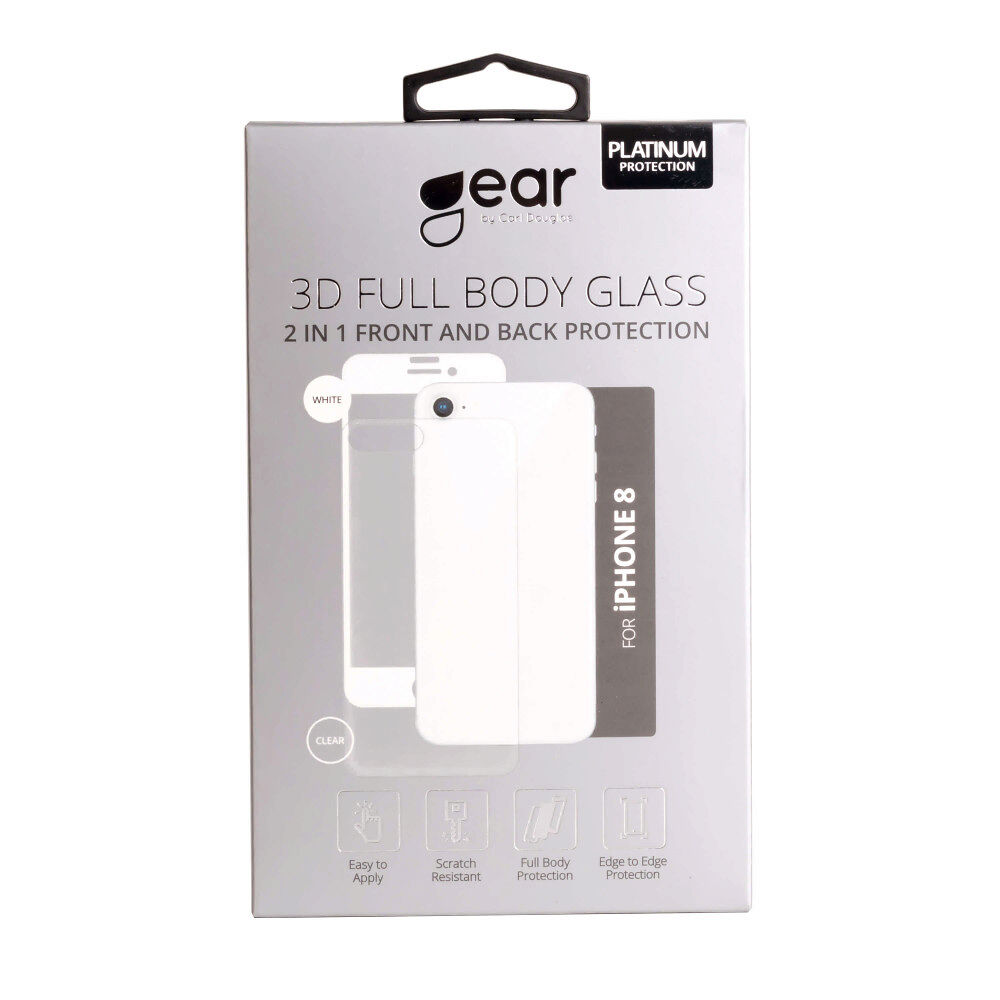GEAR Härdat Glas 3D 2in1 Front & Back iPhone 8 Edge to Edge Vit med Klar baksida
