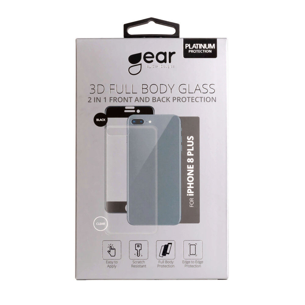 GEAR Härdat Glas 3D 2in1 Front & Back iPhone 8 Plus Edge to Edge Svart med Klar baksida