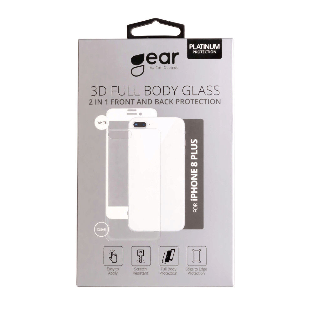 GEAR Härdat Glas 3D 2in1 Front & Back iPhone 8 Plus Edge to Edge Vit med Klar baksida