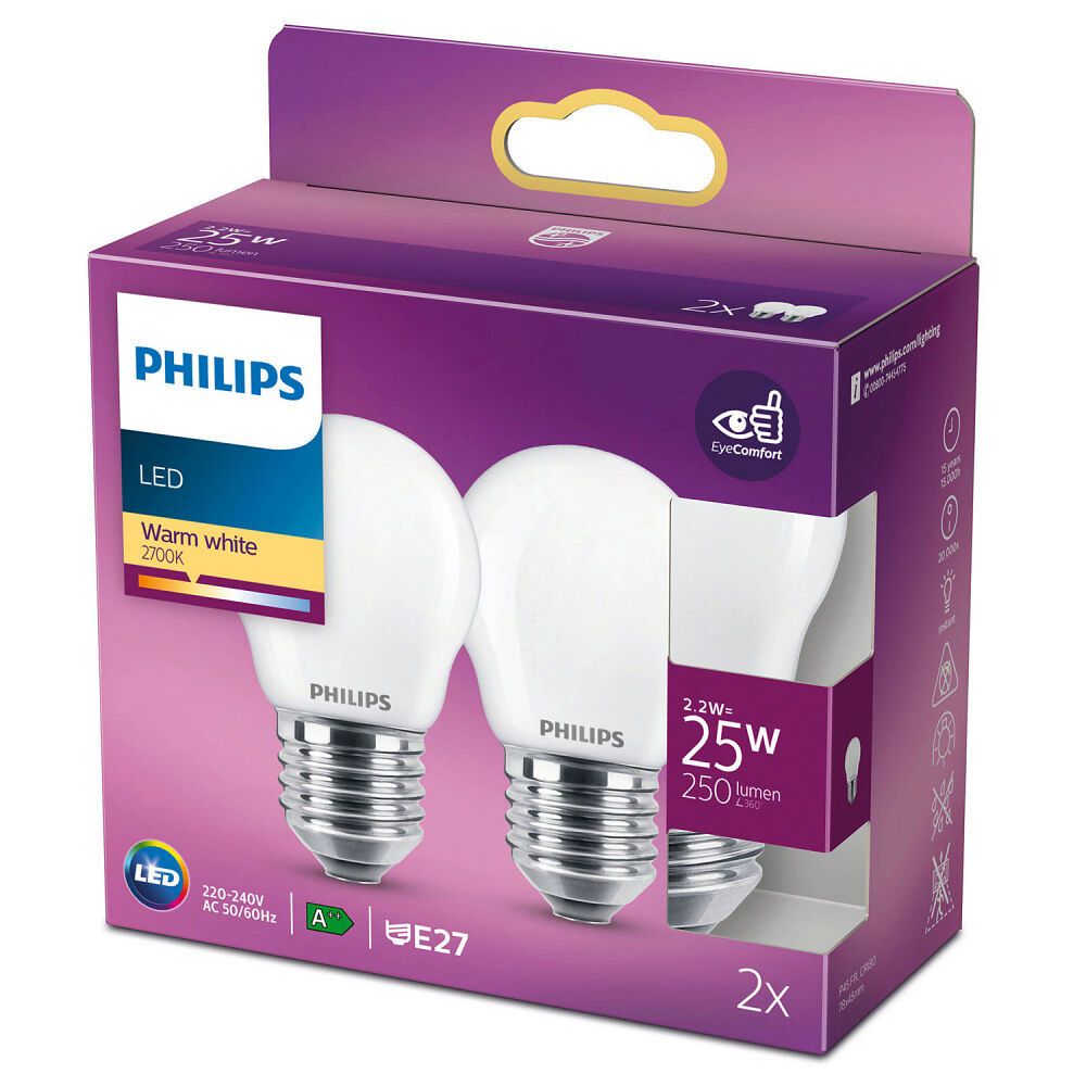 Philips 2-pack LED E27 P45 Klot 25W Frost 250lm