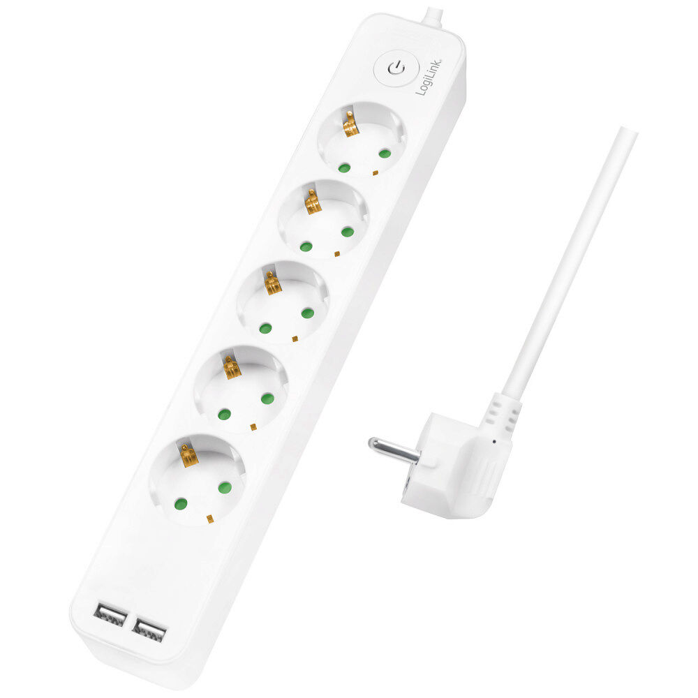 LogiLink Grenuttag 5-vägs + 2st USB m brytare 1,5m Vit