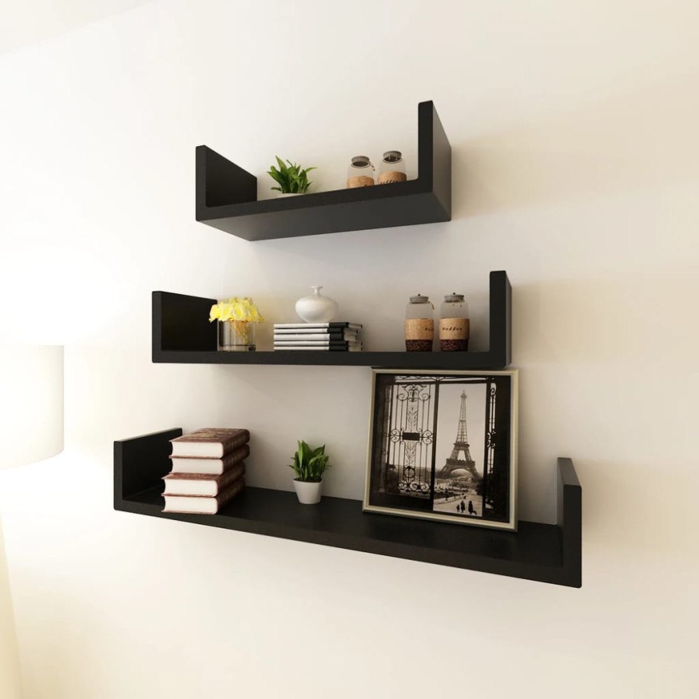 vidaXL Flytande U-formade bokhyllor 3 st MDF svart