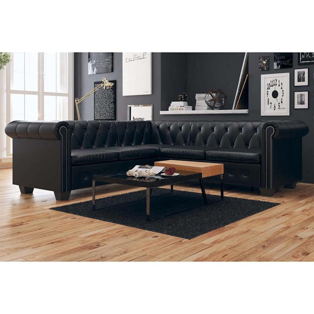 vidaXL Hörnsoffa 5-sitsig Chesterfield konstläder svart