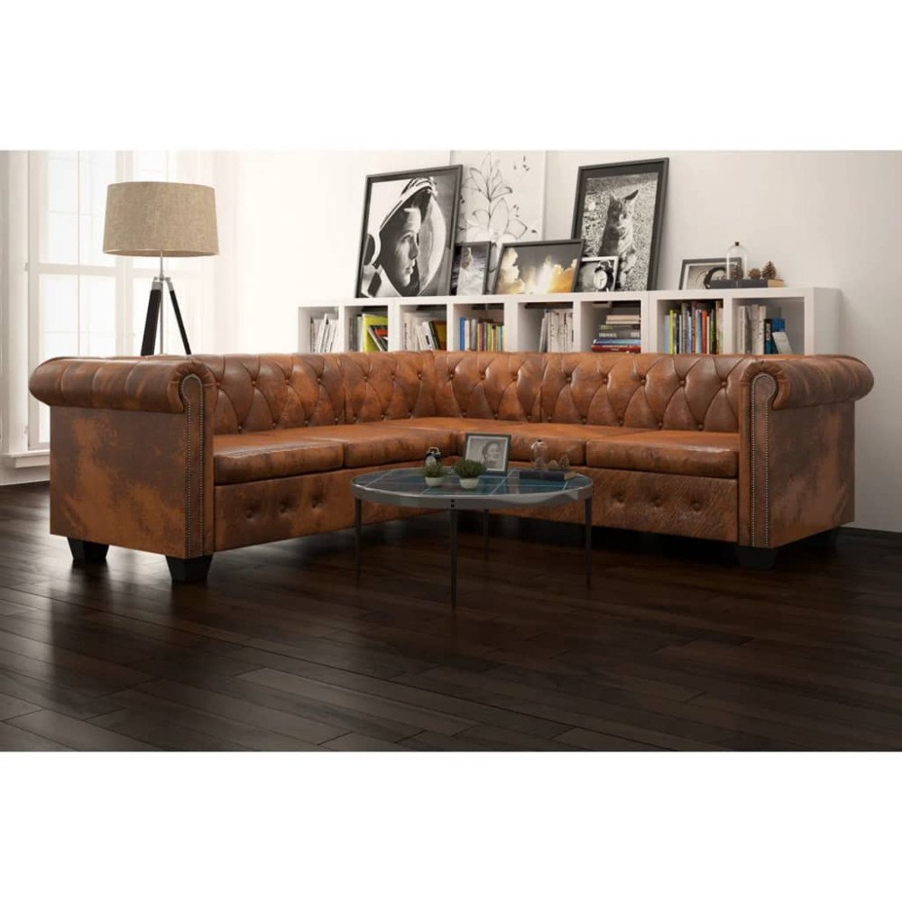 vidaXL Chesterfield 5-sitssoffa konstläder brun