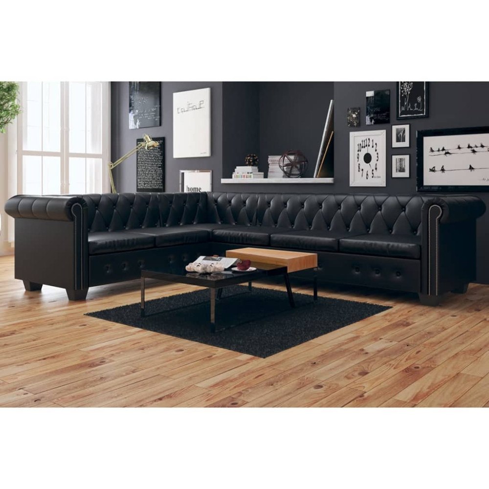 vidaXL Chesterfield hörnsoffa 6-sits konstläder svart