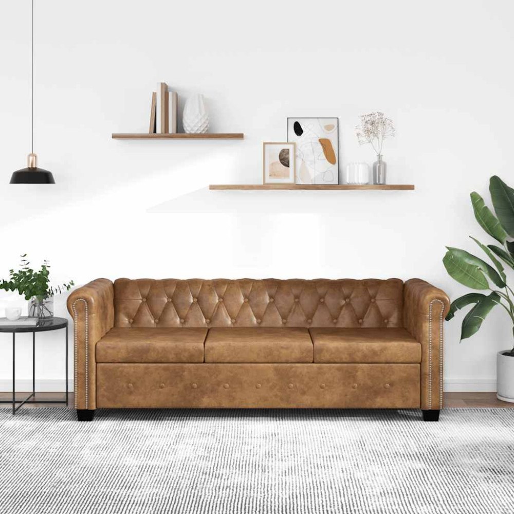 vidaXL Chesterfieldsoffa 3 sits konstläder brun