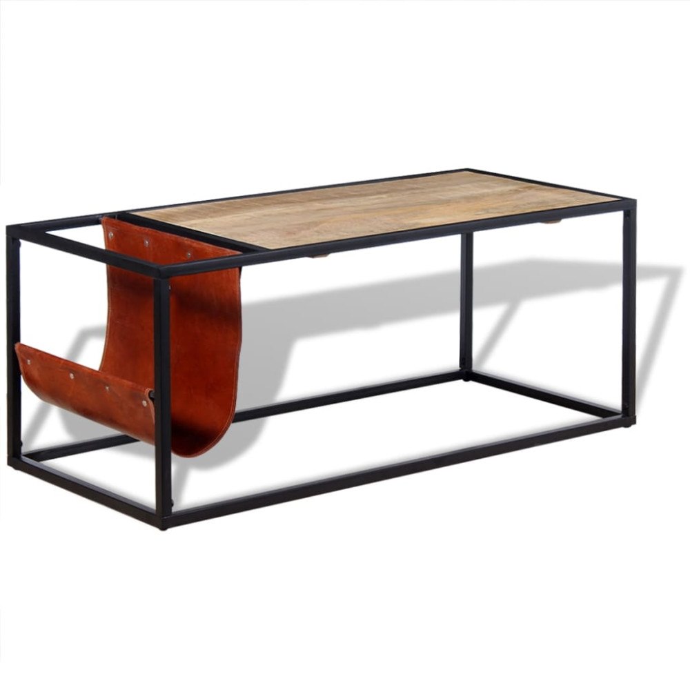 vidaXL Soffbord med tidningsställ 110x50x45 cm äkta läder