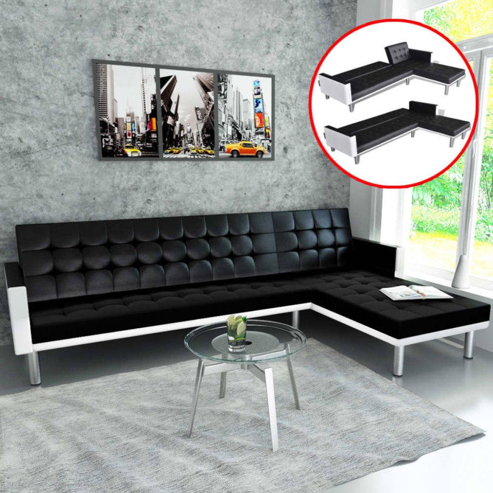 vidaXL L-formad bäddsoffa konstläder svart