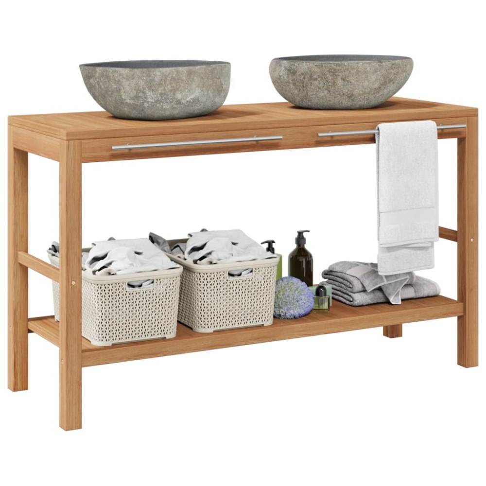vidaXL Badrumsunderskåp massiv teak med handfat i flodsten