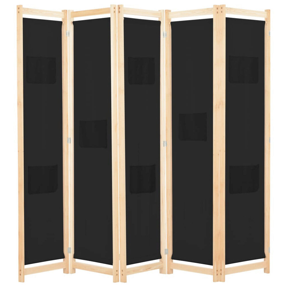 vidaXL Rumsavdelare 5 paneler 200x170x4 cm svart tyg