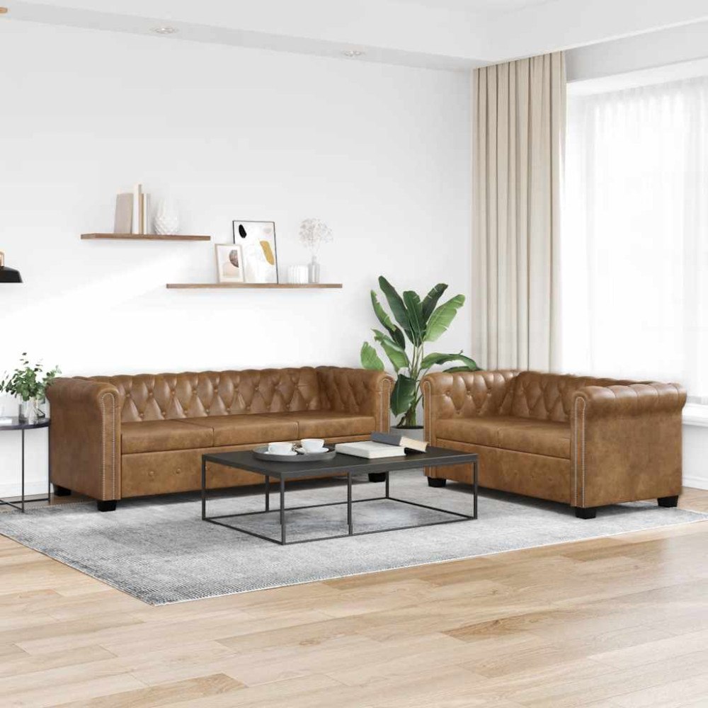 vidaXL 2-sitsig och 3 sitsig Chesterfieldsoffa brun