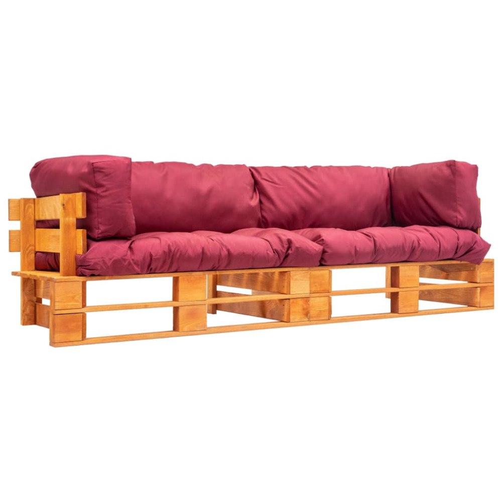 vidaXL Pallsoffa 2 delar med röda dynor furu