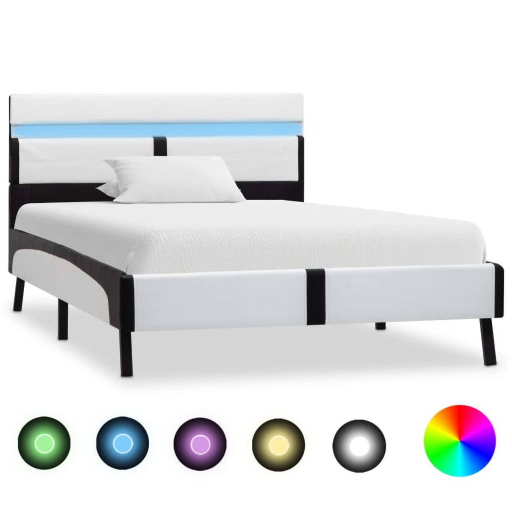 vidaXL Sängram med LED vit och svart konstläder 90x200 cm