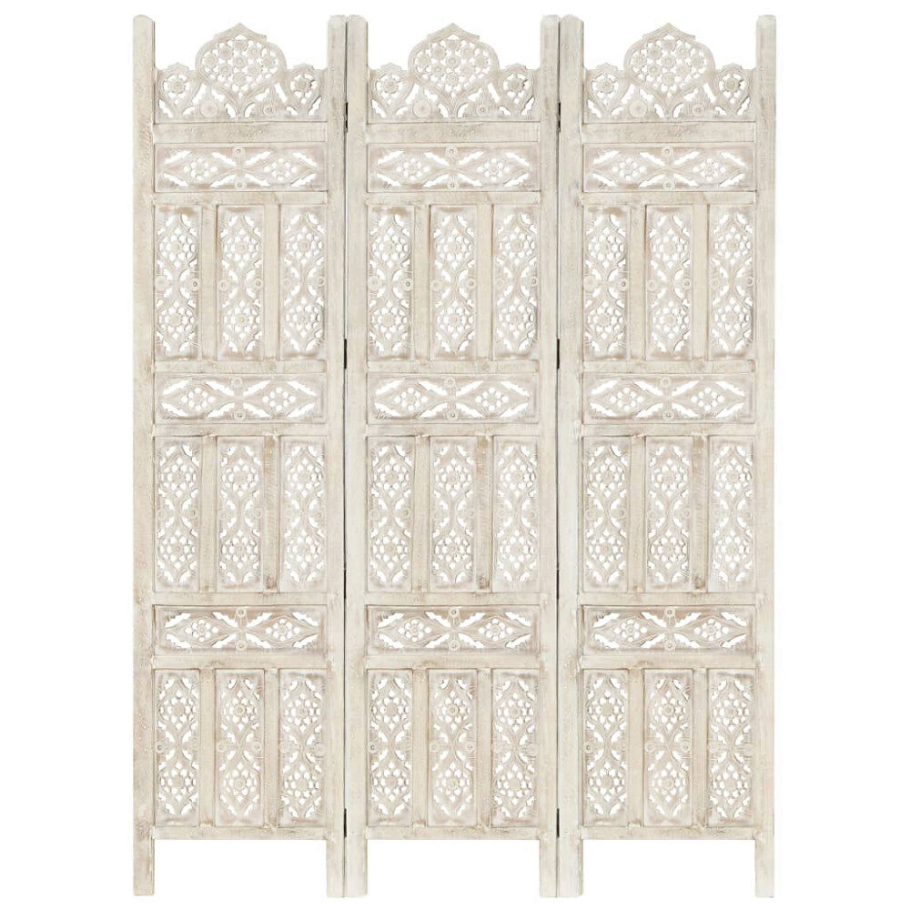 vidaXL Rumsavdelare 3 paneler handsnidad vit 120x165 cm mangoträ