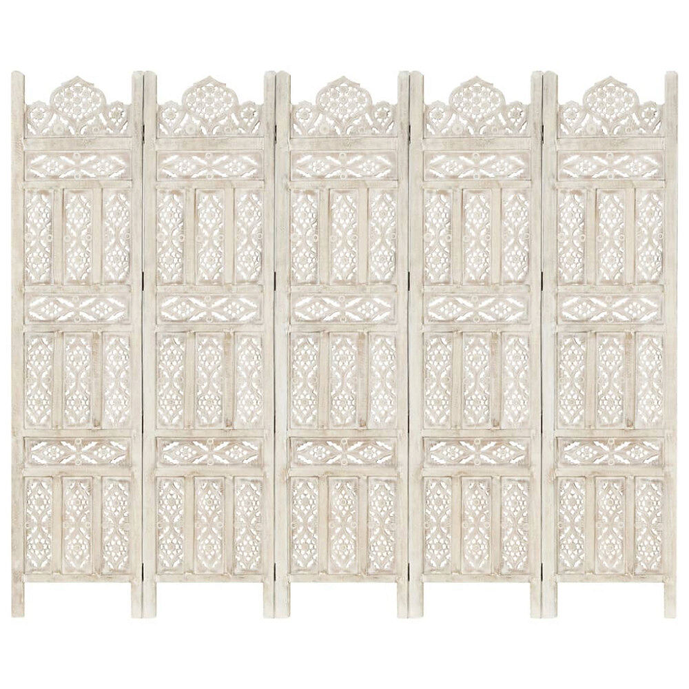 vidaXL Rumsavdelare 5 paneler handsnidad vit 200x165 cm mangoträ