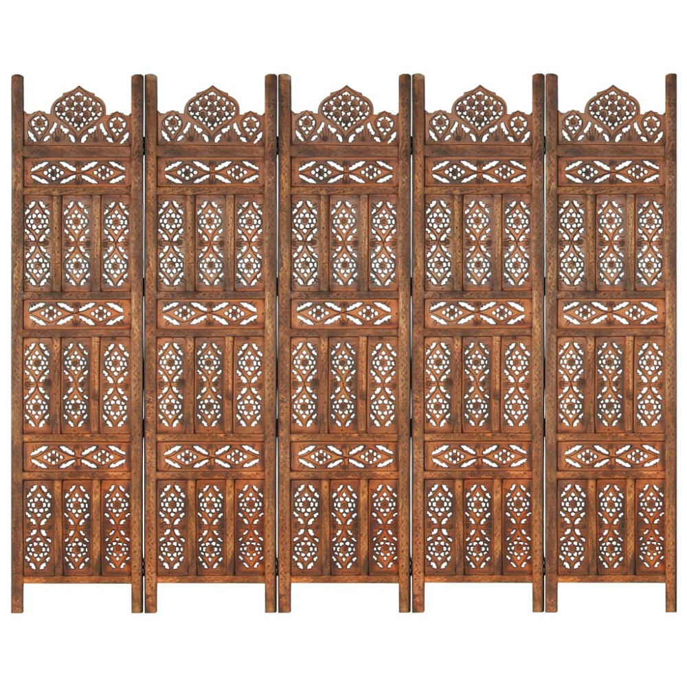 vidaXL Rumsavdelare 5 paneler handsnidad brun 120x165 cm mangoträ