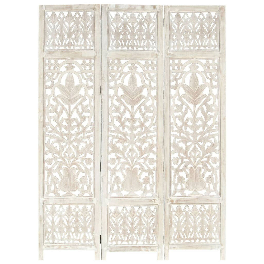 vidaXL Rumsavdelare 3 paneler handsnidad vit 120x165 cm mangoträ