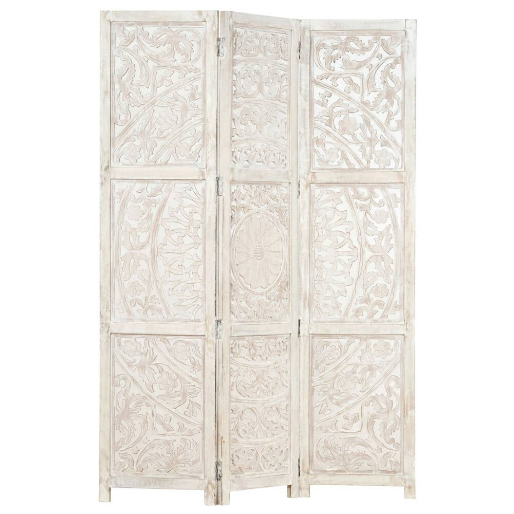 vidaXL Rumsavdelare 3 paneler handsnidad vit 120x165 cm mangoträ