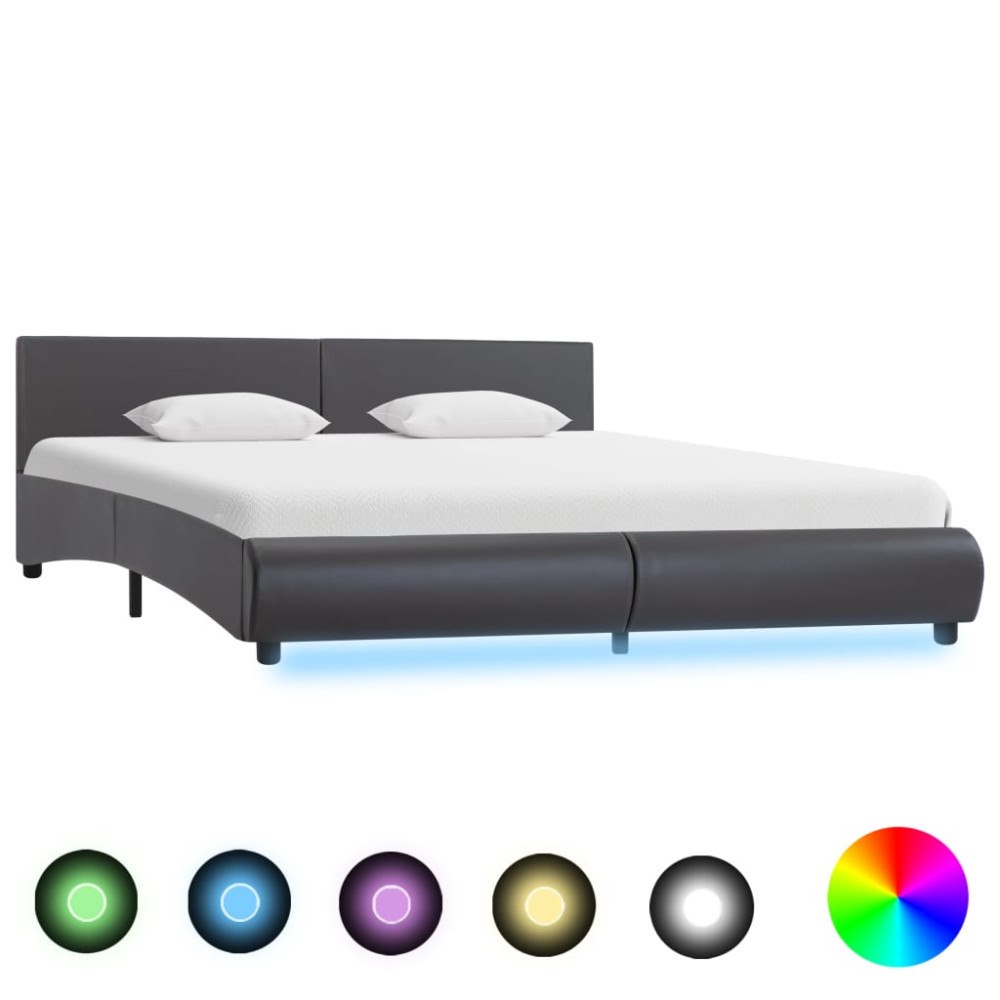 vidaXL Sängram med LEDs utan madrass grå konstläder 180x200 cm