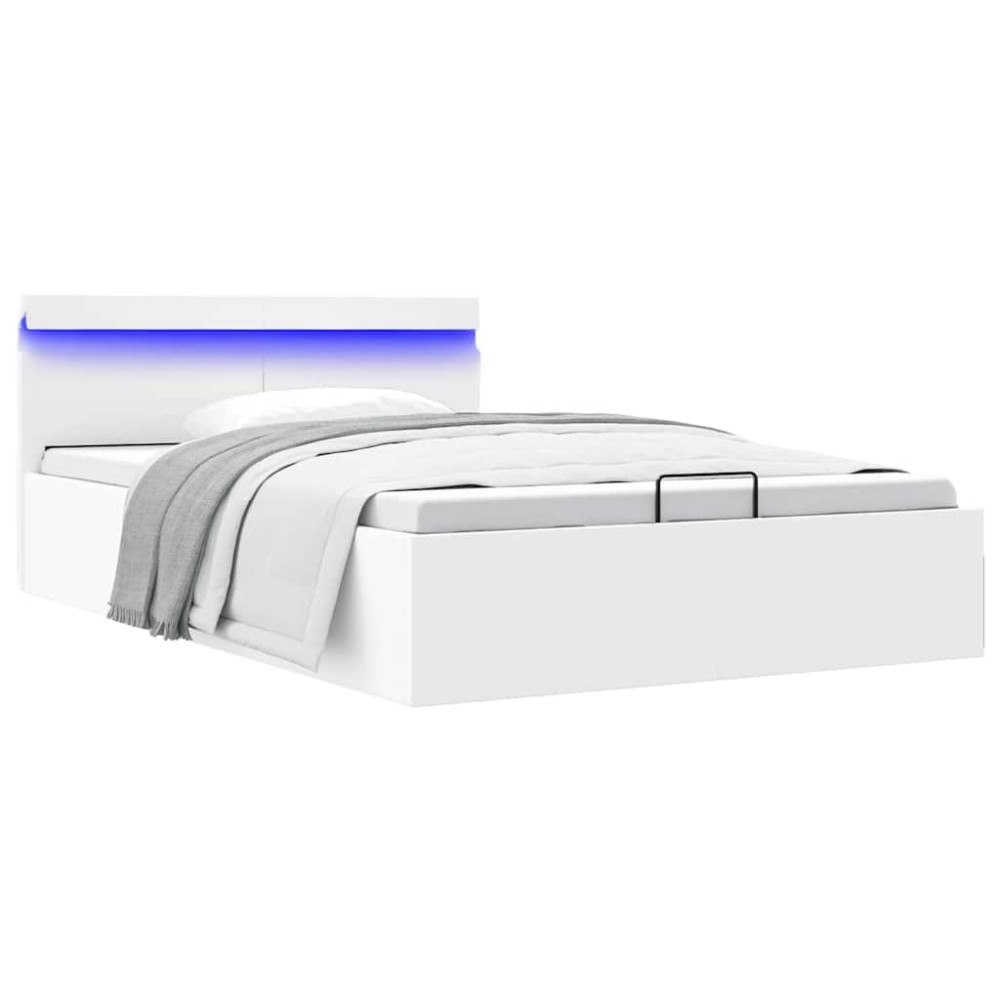 vidaXL Sängram hydraulisk förvaring utan madrass LEDs vit 140x200 cm