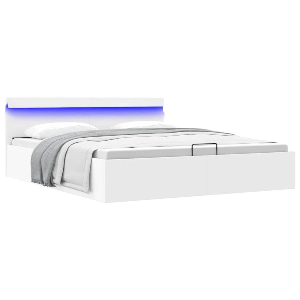 vidaXL Sängram hydraulisk förvaring utan madrass LEDs vit 160x200 cm