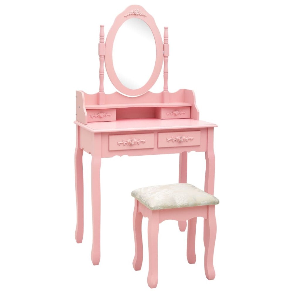 vidaXL Sminkbord med pall rosa 75x69x140 cm paulowniaträ