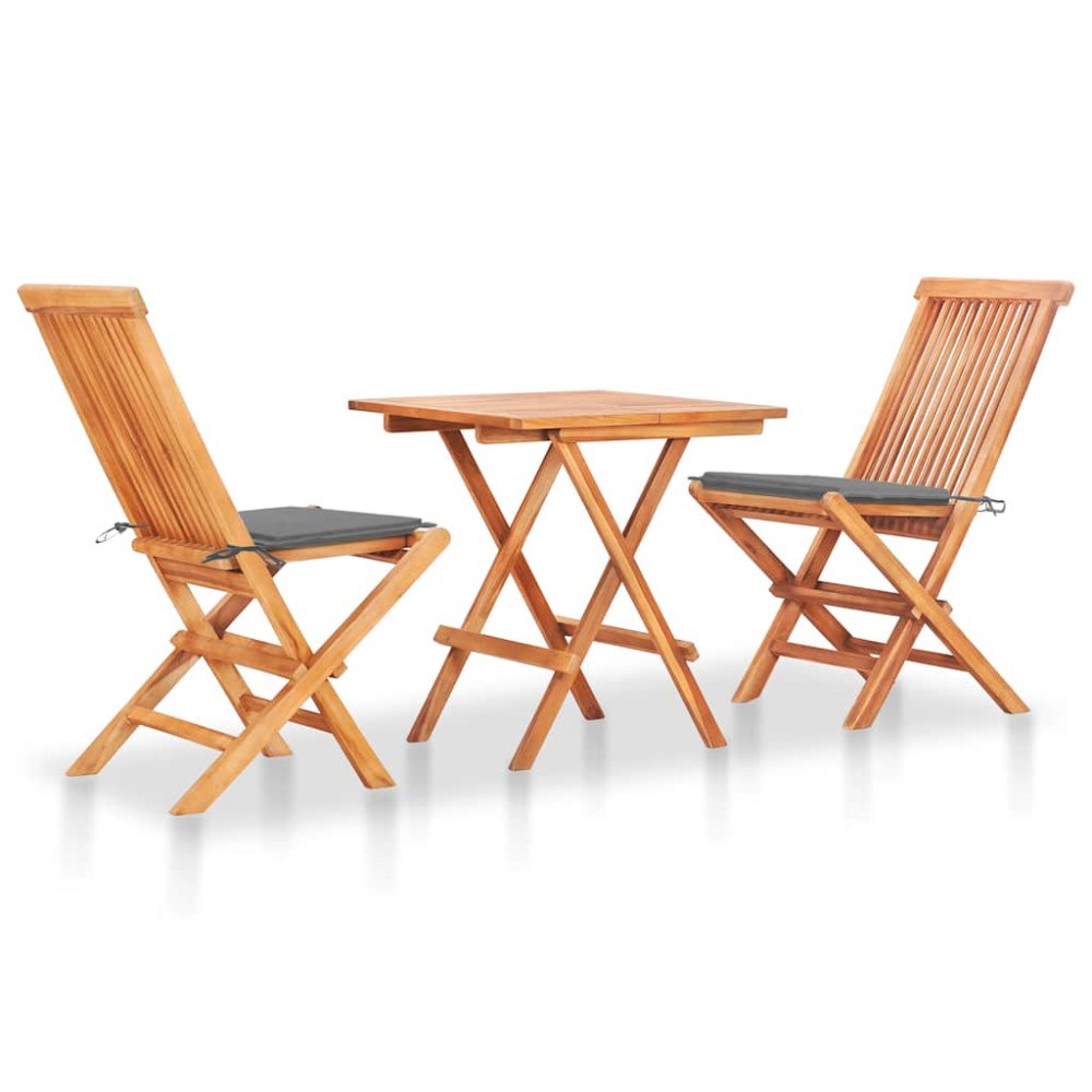 vidaXL Caféset 3 delar med gråa dynor massiv teak